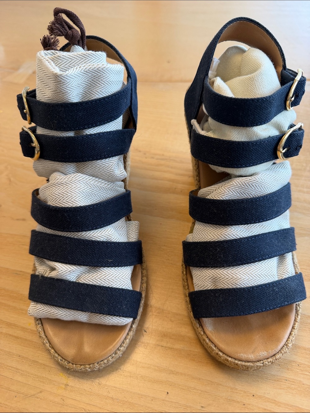 A.P.C. Navy Multi-Strap Espadrille Sandals with Tan Footbed